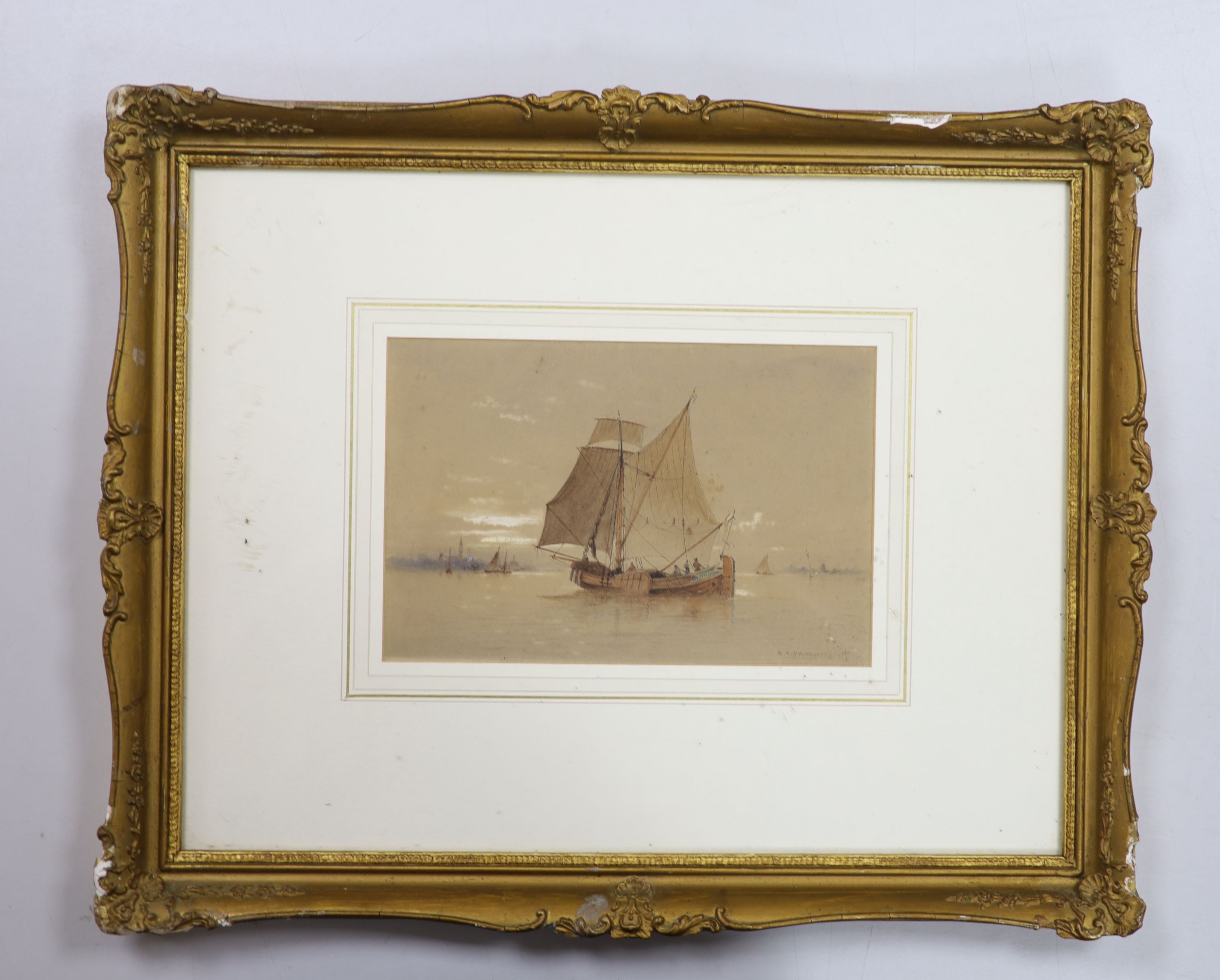 Robert Taylor Pritchett (1823-1907), watercolour, Sail barge off Venice, signed, 16 x 25cm